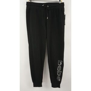 $79 Bebe Sport Fleece Jogger Sweatpants Women's Large Stretch Black Silver Logo